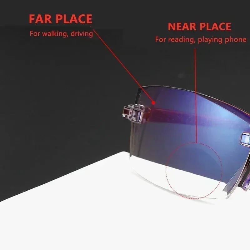 2023 New Men Women Rimless Reading Glasses Anti Blue Light Bifocal Far Near Magnification Eyewear Presbyopic Glasses +150 +200