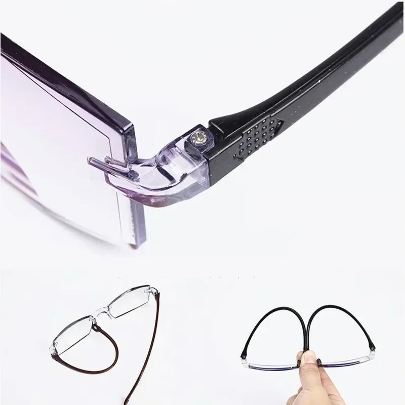 2023 New Men Women Rimless Reading Glasses Anti Blue Light Bifocal Far Near Magnification Eyewear Presbyopic Glasses +150 +200