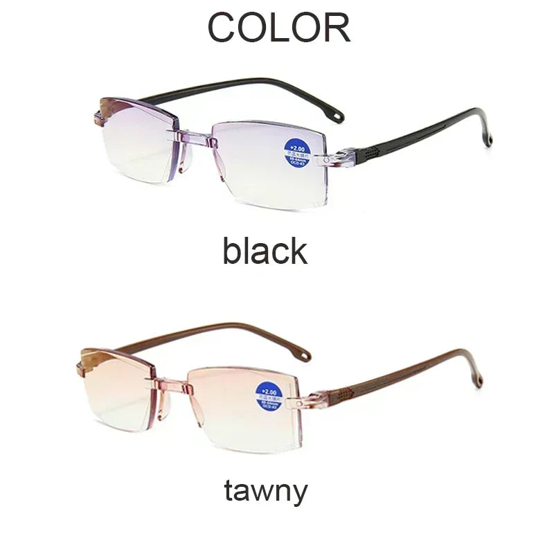 2023 New Men Women Rimless Reading Glasses Anti Blue Light Bifocal Far Near Magnification Eyewear Presbyopic Glasses +150 +200