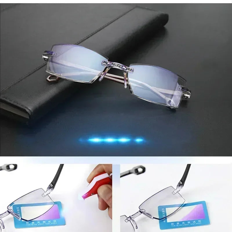 2023 New Men Women Rimless Reading Glasses Anti Blue Light Bifocal Far Near Magnification Eyewear Presbyopic Glasses +150 +200