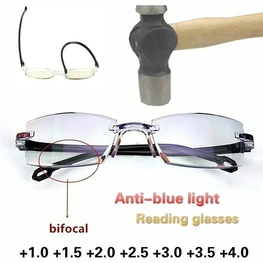 2023 New Men Women Rimless Reading Glasses Anti Blue Light Bifocal Far Near Magnification Eyewear Presbyopic Glasses +150 +200